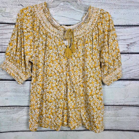 Lucky Brand Yellow Floral Smocked Peasant Top S - Picture 3 of 8
